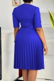 Yellow Half Sleeve V Neck With Belt Casual Formal Office Lady A Line Pleated Midi Dresses