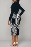 Blue Geometric Print V Neck Long Sleeve Ruched Fall Casual Outings Formal Office Bodycon Pencil Midi Dress