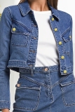 Blue Turndown Collar Long Sleeve Buttons Casual Crop Denim Jacket