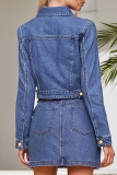 Blue Turndown Collar Long Sleeve Buttons Casual Crop Denim Jacket