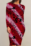 Red Green Stripe Butterfly Floral Print O Neck Long Sleeve Casual Outing Bodycon Midi Dresses
