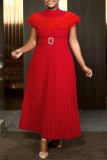 Red Half A Turtleneck Short Sleeve Formal Office Lady Casual Pleated Maxi Dresses