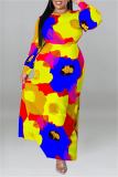 Orange Floral Print O Neck Long Sleeve Belted Casual Loose Vacation Plus Size Maxi Dresses