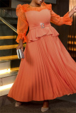Orange See-Through O Neck Gauze Lantern Sleeve Ruffle Hem Casual Formal Evening Party Prom Pleated Maxi Dresses