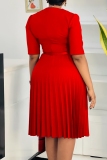 Yellow Half Sleeve V Neck With Belt Casual Formal Office Lady A Line Pleated Midi Dresses