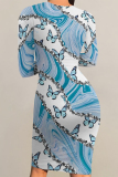 Red Green Stripe Butterfly Floral Print O Neck Long Sleeve Casual Outing Bodycon Midi Dresses