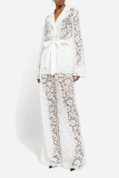 White Turndown Collar Long Sleeve See-Through With Belt Lace Top And Wide Leg Pants Casual Formal Office Lady Two Pieces Trouser Sets