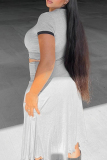 Grey O Neck Short Sleeve Crop Tops And Midi Skirt Sportwear Casual Two Pieces Dress Sets