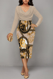 Blue Geometric Print V Neck Long Sleeve Ruched Fall Casual Outings Formal Office Bodycon Pencil Midi Dress