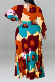 Orange Floral Print O Neck Long Sleeve Belted Casual Loose Vacation Plus Size Maxi Dresses