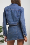 Blue Turndown Collar Long Sleeve Buttons Casual Crop Denim Jacket