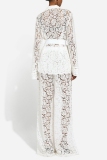 White Turndown Collar Long Sleeve See-Through With Belt Lace Top And Wide Leg Pants Casual Formal Office Lady Two Pieces Trouser Sets