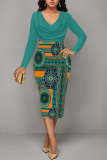 Blue Geometric Print V Neck Long Sleeve Ruched Fall Casual Outings Formal Office Bodycon Pencil Midi Dress