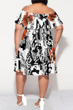 Pink Floral Print Off Shoulder Ruffled Sleeve Flounce Plus Size Loose Vacation Mini Dresses