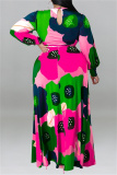 Orange Floral Print O Neck Long Sleeve Belted Casual Loose Vacation Plus Size Maxi Dresses