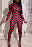 Red Stripe Print Zipper O Neck Long Sleeve One Piece Bodysuit Casual Skinny Jumpsuits