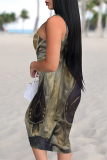 Black Yellow Faux Denim Print U Neck Sleeveless Casual Outing Distressed Bodycon Pencil Midi Dress