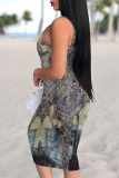 Black Yellow Faux Denim Print U Neck Sleeveless Casual Outing Distressed Bodycon Pencil Midi Dress