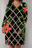 White Plaid Floral Print V Neck Long Sleeve Casual Outing Straight Loose T Shirt Midi Dress