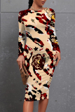 Leopard Floral Print O Neck Long Sleeve Casual Outing Bodycon Pencil Midi Dress