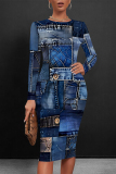 Blue Faux Denim Print O Neck Long Sleeve Casual Outing Bodycon Pencil Midi Dress
