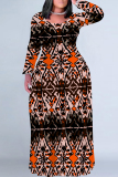 Black Brown National Totem Print O Neck Long Sleeve Casual Outing Plus Size Straight Loose Maxi Dress