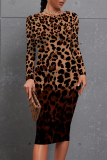 Leopard Floral Print O Neck Long Sleeve Casual Outing Bodycon Pencil Midi Dress
