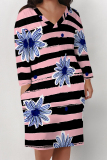 White Plaid Floral Print V Neck Long Sleeve Casual Outing Straight Loose T Shirt Midi Dress