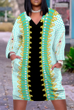 White Plaid Floral Print V Neck Long Sleeve Casual Outing Straight Loose T Shirt Midi Dress