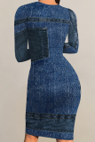 Blue Faux Denim Print O Neck Long Sleeve Casual Outing Distressed Bodycon Pencil Midi Dress