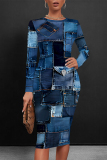 Blue Faux Denim Print O Neck Long Sleeve Casual Outing Bodycon Pencil Midi Dress