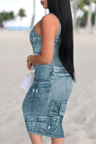 Blue Faux Denim Print U Neck Sleeveless Casual Outing Distressed Bodycon Pencil Midi Dress