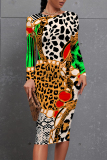 Leopard Floral Print O Neck Long Sleeve Casual Outing Bodycon Pencil Midi Dress