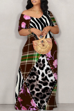 Green National Totem Flowers Print V Neck Short Sleeve Casual Outing Straight Loose T Shirt Maxi Dress
