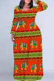 Black Brown National Totem Print O Neck Long Sleeve Casual Outing Plus Size Straight Loose Maxi Dress