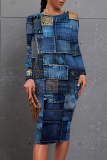 Blue Faux Denim Print O Neck Long Sleeve Casual Outing Bodycon Pencil Midi Dress