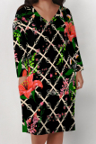 White Plaid Floral Print V Neck Long Sleeve Casual Outing Straight Loose T Shirt Midi Dress