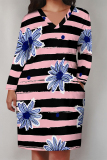 White Plaid Floral Print V Neck Long Sleeve Casual Outing Straight Loose T Shirt Midi Dress