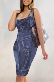 Blue Faux Denim Print U Neck Sleeveless Casual Outing Distressed Bodycon Pencil Midi Dress