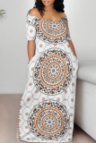Green National Totem Flowers Print V Neck Short Sleeve Casual Outing Straight Loose T Shirt Maxi Dress
