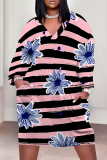 White Plaid Floral Print V Neck Long Sleeve Casual Outing Straight Loose T Shirt Midi Dress
