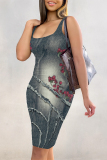 Black Yellow Faux Denim Print U Neck Sleeveless Casual Outing Distressed Bodycon Pencil Midi Dress