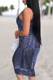 Blue Faux Denim Print U Neck Sleeveless Casual Outing Distressed Bodycon Pencil Midi Dress