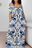 Green National Totem Flowers Print V Neck Short Sleeve Casual Outing Straight Loose T Shirt Maxi Dress