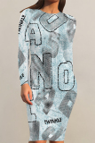 Blue Faux Denim Print O Neck Long Sleeve Casual Outing Distressed Bodycon Pencil Midi Dress