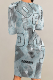 Blue Faux Denim Print O Neck Long Sleeve Casual Outing Distressed Bodycon Pencil Midi Dress