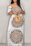 Green National Totem Flowers Print V Neck Short Sleeve Casual Outing Straight Loose T Shirt Maxi Dress