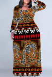 Black Brown National Totem Print O Neck Long Sleeve Casual Outing Plus Size Straight Loose Maxi Dress