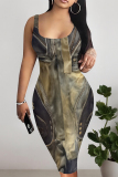 Black Yellow Faux Denim Print U Neck Sleeveless Casual Outing Distressed Bodycon Pencil Midi Dress