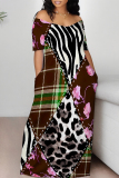 Green National Totem Flowers Print V Neck Short Sleeve Casual Outing Straight Loose T Shirt Maxi Dress